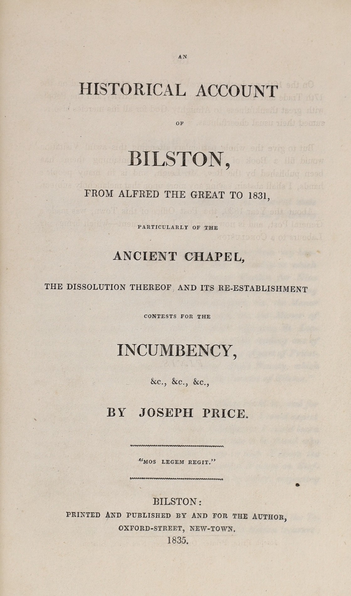 STAFFORDSHIRE: Price, Joseph - An Historical Account of Bilston ... particularly of the ancient chapel ... 6 plans (some hand coloured); old binder's cloth. Bilston: printed and published by and for the Author, 1835